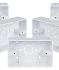 5 Pack Surface Mount Outlet Box Plastic Electrical Junction Enclosure Backbox DIY Ready For Home Wiring Durable PVC Weatherproof Wall Mount Safe Installation Box For Electrical Sockets And Cable Management, white ABS plastic, front view showing 5 boxes with screw holes and cable entry points.