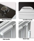 Close-up of controls and features of No Sweat Portable Single Tub Washing Machine, including rotary switches and drain hose.
