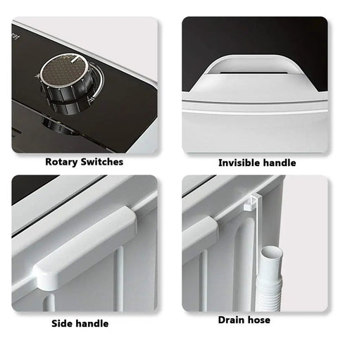 Close-up of controls and features of No Sweat Portable Single Tub Washing Machine, including rotary switches and drain hose.