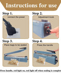 Instructions for using 16 Inch Impulse Heat Sealer For Plastic Mylar Bags with 3mm seal width, steps for operation.