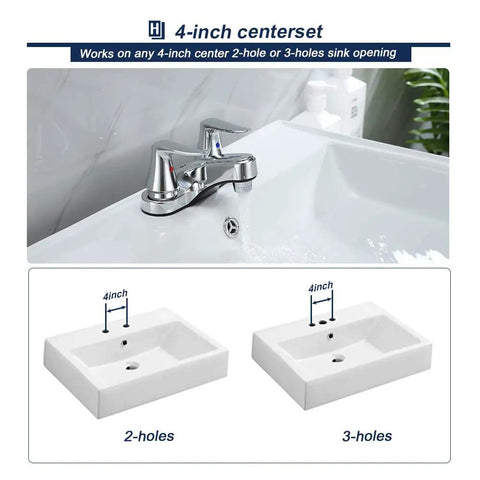 Modern 4 Inch Centerset Bathroom Sink Faucet With Dual Levers No Splash Aerated Stream For Precise Temperature And Flow Chrome Widespread Lavatory Fixture Easy Install Clean Contemporary Bath Accessory in chrome with 2-hole and 3-hole setups.