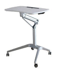Plug And Play Adjustable Laptop Desk Featuring A Rock Solid Portable Rolling Stand with a flat melamine surface and adjustment mechanism.