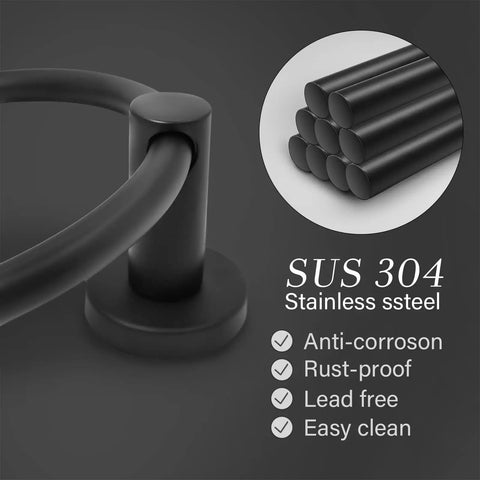 Stainless Steel Towel Ring For Bathroom Wall Mounted Holder Black Matte Finish No Fuss Rust Resistant SUS304 Round Design Easy Install