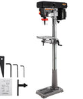 13 Inch Floor Drill Press With 7.5A Motor, Heavy Duty Cast Iron Construction For Wood And Metal Work with tools and manual.
