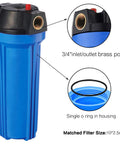 10 Inch Blue Whole House Water Filter Housing With Three Quarter Inch Brass Port Air Relief Valve Slim Two Point Five By Ten Inch Fits Standard Cartridges Housing Only Includes Wrench And Bracket showing brass port and O-ring detail