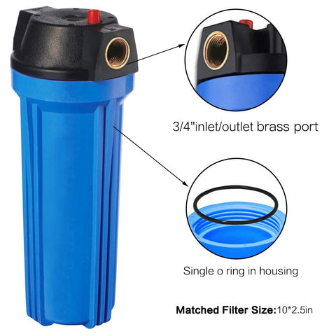 10 Inch Blue Whole House Water Filter Housing With Three Quarter Inch Brass Port Air Relief Valve Slim Two Point Five By Ten Inch Fits Standard Cartridges Housing Only Includes Wrench And Bracket showing brass port and O-ring detail