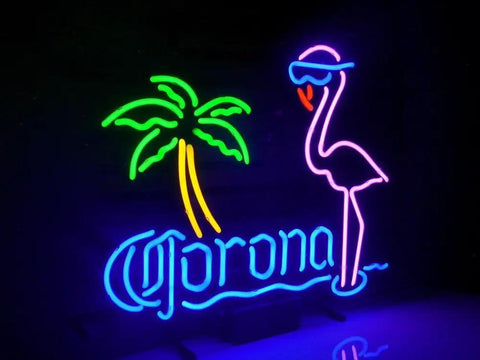 Corona Extra Pink Flamingo Real Glass Neon Light Sign with palm tree for Home Bar Decor, hand blown, not plastic neon.