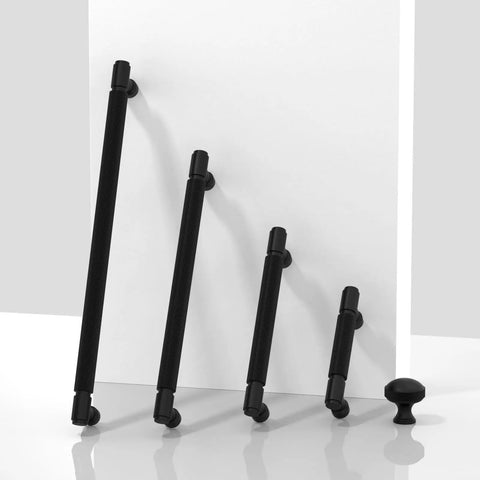 Slick Matte Black Knurled Cabinet Pulls 10 Pack 5 Inch Center To Center Kitchen Drawer Handles in various sizes on display