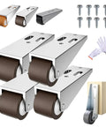 Heavy Duty Vertical Track Roller Wheels With Thick Rubber Casters For Smooth Sliding Door Glide Zero Sag Bottom Track Rollers Dead Quiet Set of 4 Brown with hardware.