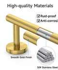 Close-up of brushed gold SUS304 stainless steel bathroom hardware showing rust-proof and anti-corrosion features.