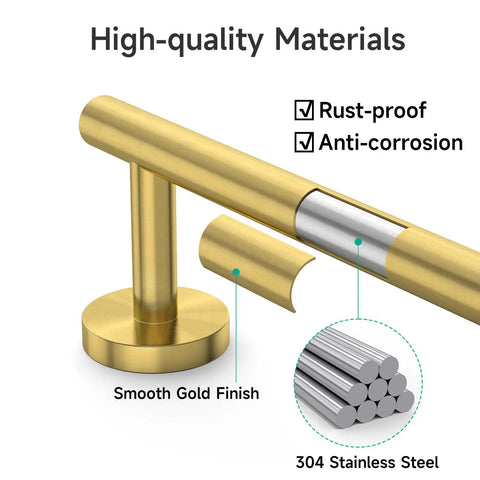 Close-up of brushed gold SUS304 stainless steel bathroom hardware showing rust-proof and anti-corrosion features.