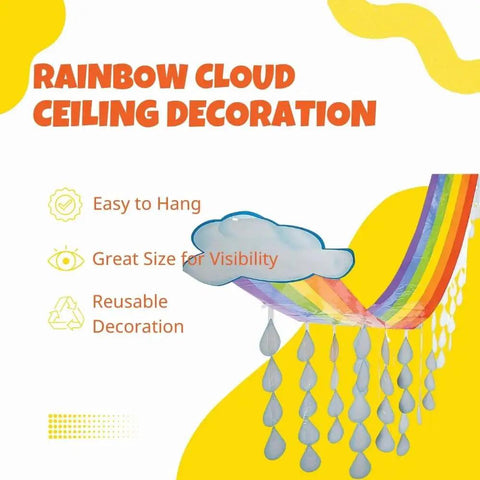 Rainbow Cloud And Raindrops Ceiling Hangers, 12 Ft Long By 32 In Wide, featuring a colorful rainbow and cloud paper decor.