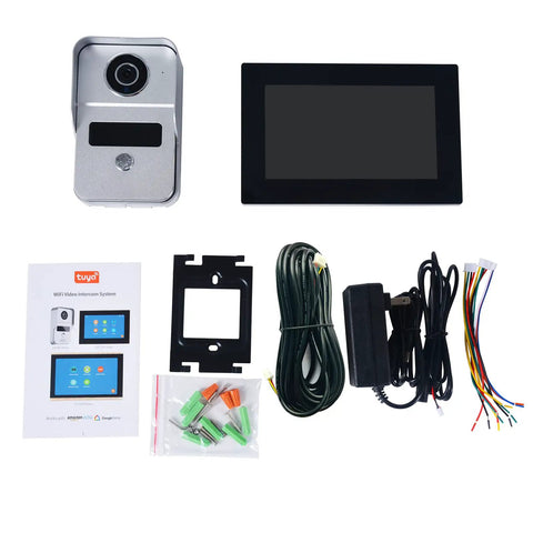 Wireless Video Doorbell Intercom Kit with 7 inch screen, 1080P HD camera, WiFi, and accessories for villa or apartment security.