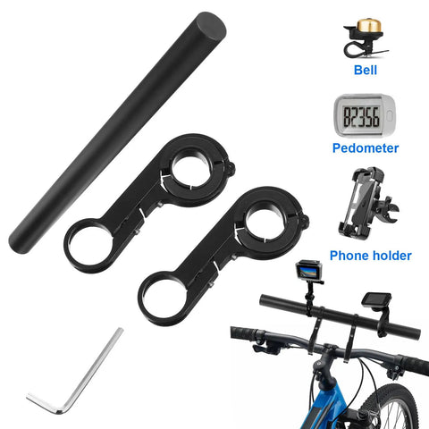 Ultra Long Bike Handlebar Extender Eleven Point Eight Inches Aluminum Alloy Cross Bar For Bike Scooter Electric Bike Motorcycle Mounting Lights Phone Holder Bracket Accessory with bell, pedometer, and phone holder