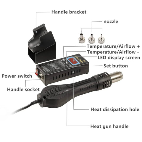 Pro Grade 110V 680W SMD Hot Air Rework Station With 3 Nozzles Soldering Tool layout showing components and labels