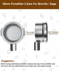 Kickstart Your Brew Routine With Top Shelf 58mm Bottomless Portafilter showing filter holder design and dimensions for Breville models.