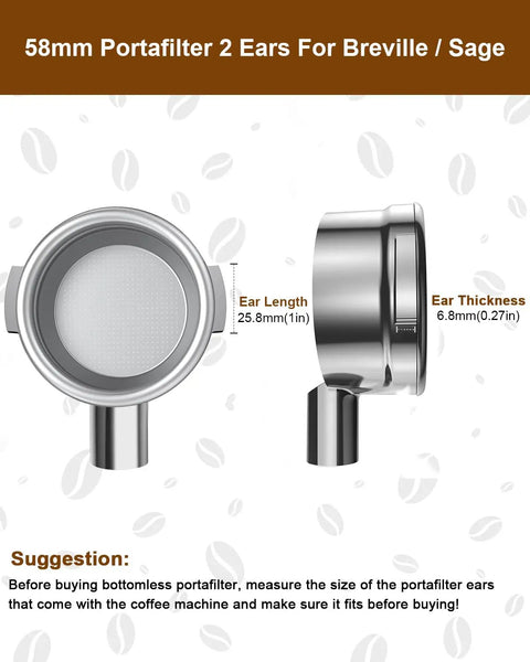 Kickstart Your Brew Routine With Top Shelf 58mm Bottomless Portafilter showing filter holder design and dimensions for Breville models.