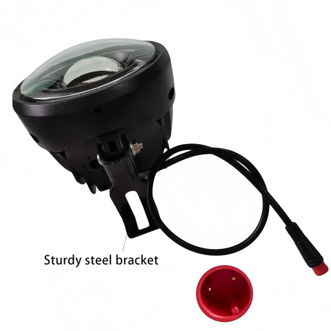 Front Headlight For E Bike With 2 Pin Male Waterproof Connector, LED bulb, and sturdy steel bracket visible.
