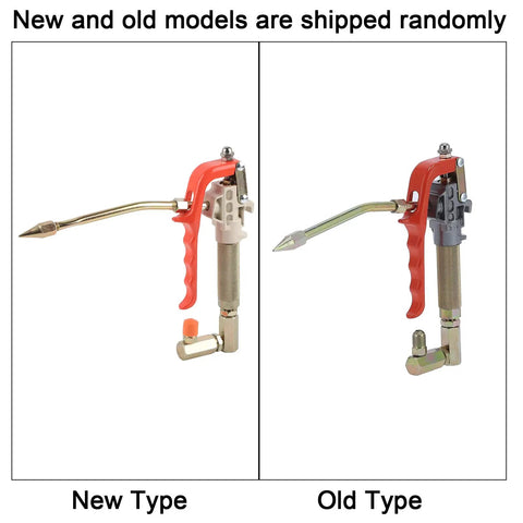 New and old models of manual grease gun with 360 degree rotary universal joint for mechanical equipment maintenance shown side by side.