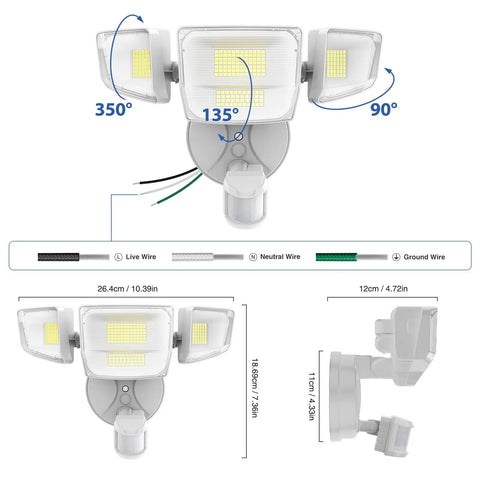 Straight Up Heavy Duty Four Head LED Motion Sensor Outdoor Flood Light With 10000 Lumen Super Bright Output Dusk To Dawn Hardwired Security Lighting For Your Yard And Driveway IP66 Waterproof Daylight White