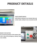 Touch screen display and emergency stop button on Automatic Label Applicator With Integrated Code Printer For Round Bottles.