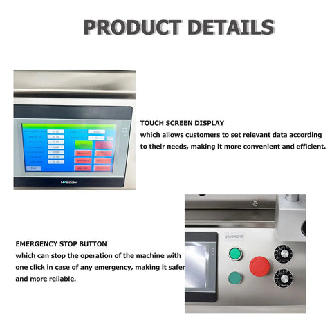 Touch screen display and emergency stop button on Automatic Label Applicator With Integrated Code Printer For Round Bottles.