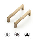 Champagne Bronze Slim Cabinet Handles 10 Pack Solid Square Bar Drawer Pulls for Kitchen Cabinets, 3 Inch Hole Center, showing scratch resistance icons.