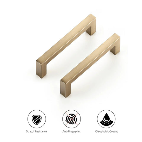 Champagne Bronze Slim Cabinet Handles 10 Pack Solid Square Bar Drawer Pulls for Kitchen Cabinets, 3 Inch Hole Center, showing scratch resistance icons.