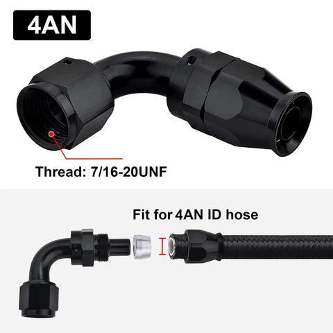 4AN PTFE Hose End Fitting 90 Degree Black Aluminum 6061 For PTFE Fuel Lines Beefy High Pressure 1500 PSI Temperature Range -65F To 252F 37 Degree AN Seal Works With PTFE Hose 2 Pack, 7/16-20UNF thread