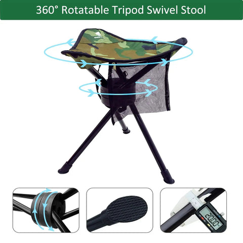 Portable Camping Swivel Folding Stool With 360 Degree Rotation Lightweight Tripod Chair shown with camouflage seat and tripod design.