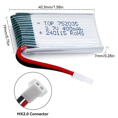 3.7V 400mAh LiPo Drone Battery Pack with MX2.0 Connector, dimensions 40.3x19x7mm for Syma quadcopters.