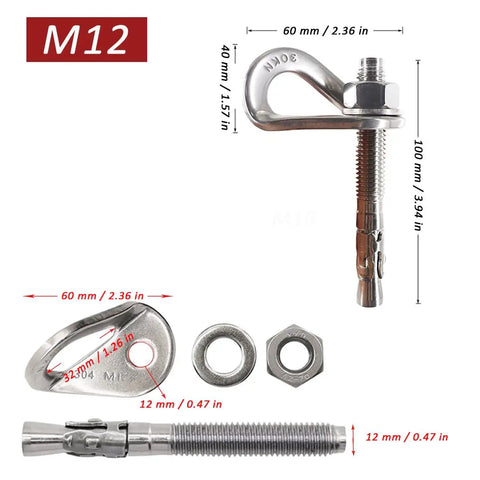 Two Pack 304 Stainless Steel Climbing Anchor Bolts, 30KN Rated Rock Climbing Hangers with M12 Bolt and Measurements