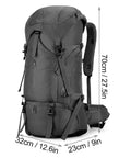 70L Hiking Backpack For Camping And Outdoor Adventures Water Resistant Climbing Gear Bag With Ripstop Fabric, dimensions shown
