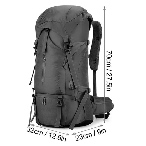 70L Hiking Backpack For Camping And Outdoor Adventures Water Resistant Climbing Gear Bag With Ripstop Fabric, dimensions shown
