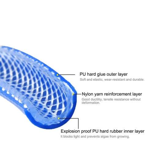 Shop Crew Approved PU Pneumatic Hose Line With Reinforced Fiber Core Built Tough For High Pressure Air Compressor Runs And Workshop Tool Transfer Across Nearly One Hundred Feet Of Tubing close-up showing layers of reinforcement and material.