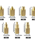 Pro Grade DIY Friendly Heat Set Threaded Inserts Kit For 3D Printing M2 To M8 With Brass Knurled Nut And Embedded Insertion Tip Adapter For T12 Soldering Iron Hot Melt Tool, showing 7 brass knurled inserts M2 to M8 with sizes and dimensions visible.
