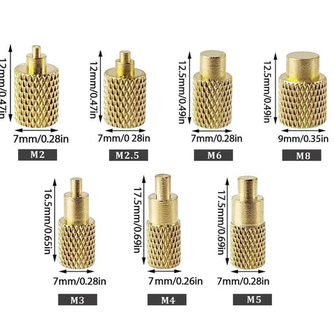 Pro Grade DIY Friendly Heat Set Threaded Inserts Kit For 3D Printing M2 To M8 With Brass Knurled Nut And Embedded Insertion Tip Adapter For T12 Soldering Iron Hot Melt Tool, showing 7 brass knurled inserts M2 to M8 with sizes and dimensions visible.