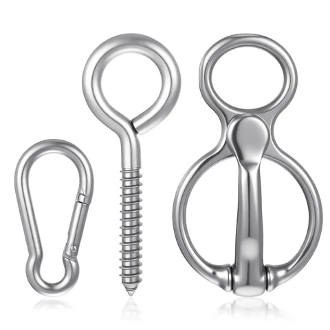 Magnetic Tie Ring for Horses, Safe and Humane Horse Training Equipment shown with quick snap, eye bolt, stainless steel rust resistant design.