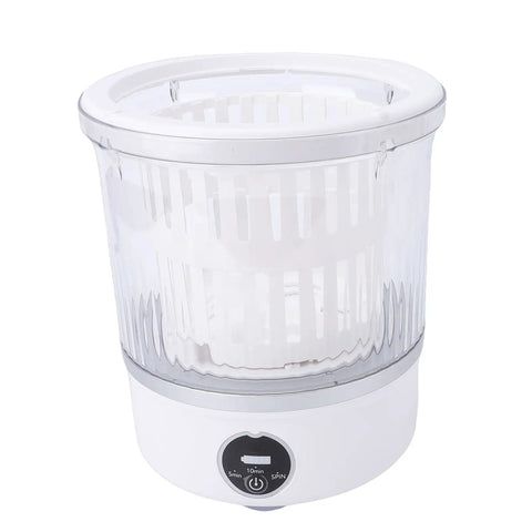Cordless Portable Washing Machine With 3L Tank Led Touch Screen Plus 6000Mah Battery For Travel Camping And Road Trips Smooth On The Go Laundry Cleanup No Sweat Design, clear plastic design with white accents.