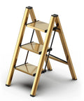 Foldable 3 Step Stool Ladder In Gold Aluminum For Kitchen And Closet Ultra Lightweight With 330 Lb Capacity Anti Slip Wide Pedals Portable For Kids And Adults No Assembly Required Space Saving Design Folded Thickness 1.9 Inches, 3-step open view