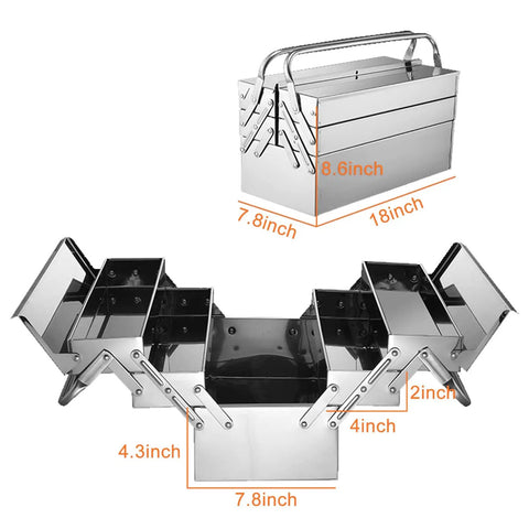 Hella Durable Stainless Steel Portable Toolbox With Foldable Clamshell Design, 18x7.8x8.6 inches, open with drawers for tool organization.