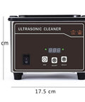 Professional Ultrasonic Jewelry Cleaner Machine With Thirty Five Watt Motor And Zero Point Eight Liter Tank Featuring Five Adjustable Speeds Plus Digital Timer front view showing dimensions 11cm height and 17.5cm width.