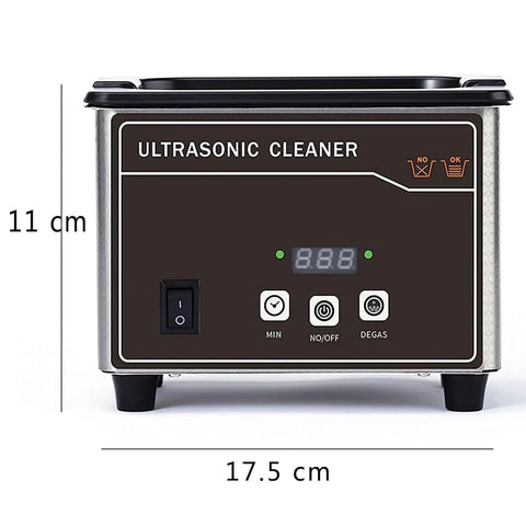 Professional Ultrasonic Jewelry Cleaner Machine With Thirty Five Watt Motor And Zero Point Eight Liter Tank Featuring Five Adjustable Speeds Plus Digital Timer front view showing dimensions 11cm height and 17.5cm width.