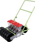 Handheld Manual Garden Seed Spreader And Planter For 5 Rows with large wheels and red seed containers