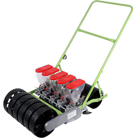 Handheld Manual Garden Seed Spreader And Planter For 5 Rows with large wheels and red seed containers
