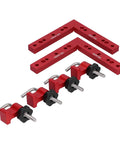 Heavy Duty Aluminum Right Angle Clamp Tool With Rock Solid 90 Degree Hold For Woodworkers And Diy Crews Chasing Clean Joints And Boss Results Around The Shop Without Any Hassle, showing red aluminum clamps and clips.