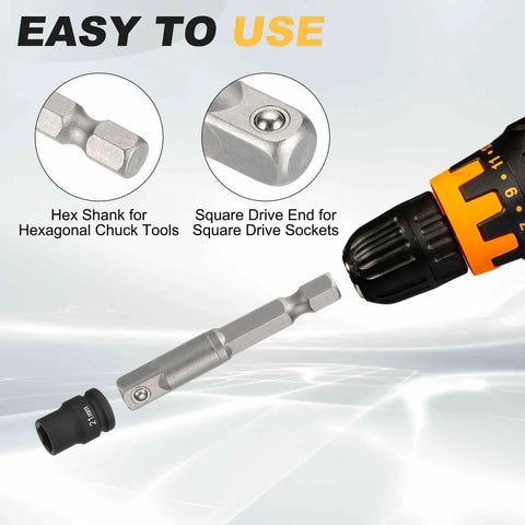 Four Piece One Quarter Inch Square Drive Socket Adapters Set For Impact Drivers And Drills, One Inch Long Extensions