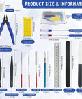 22 Piece Model Tools Kit For Hobby Builders Craft Set displayed with various tools and dimensions, including side pliers and screwdrivers.