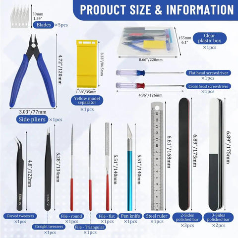 22 Piece Model Tools Kit For Hobby Builders Craft Set displayed with various tools and dimensions, including side pliers and screwdrivers.