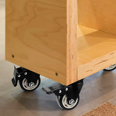Eight 3 Inch Swivel Caster Wheels Set With Plate Mount Heavy Duty Double Ball Bearing Casters Four Locking And Four Fixed 200 Lb Capacity Per Wheel Installed on Wooden Furniture